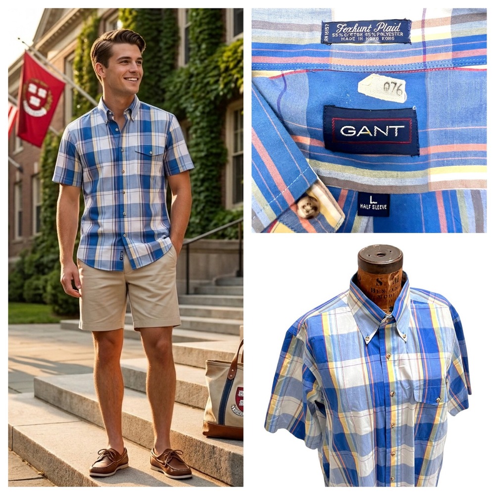 Vtg 80s Gant Foxhunt Plaid Button Down Shirt Ivy Leavue Preppy Dadcore L HK Made